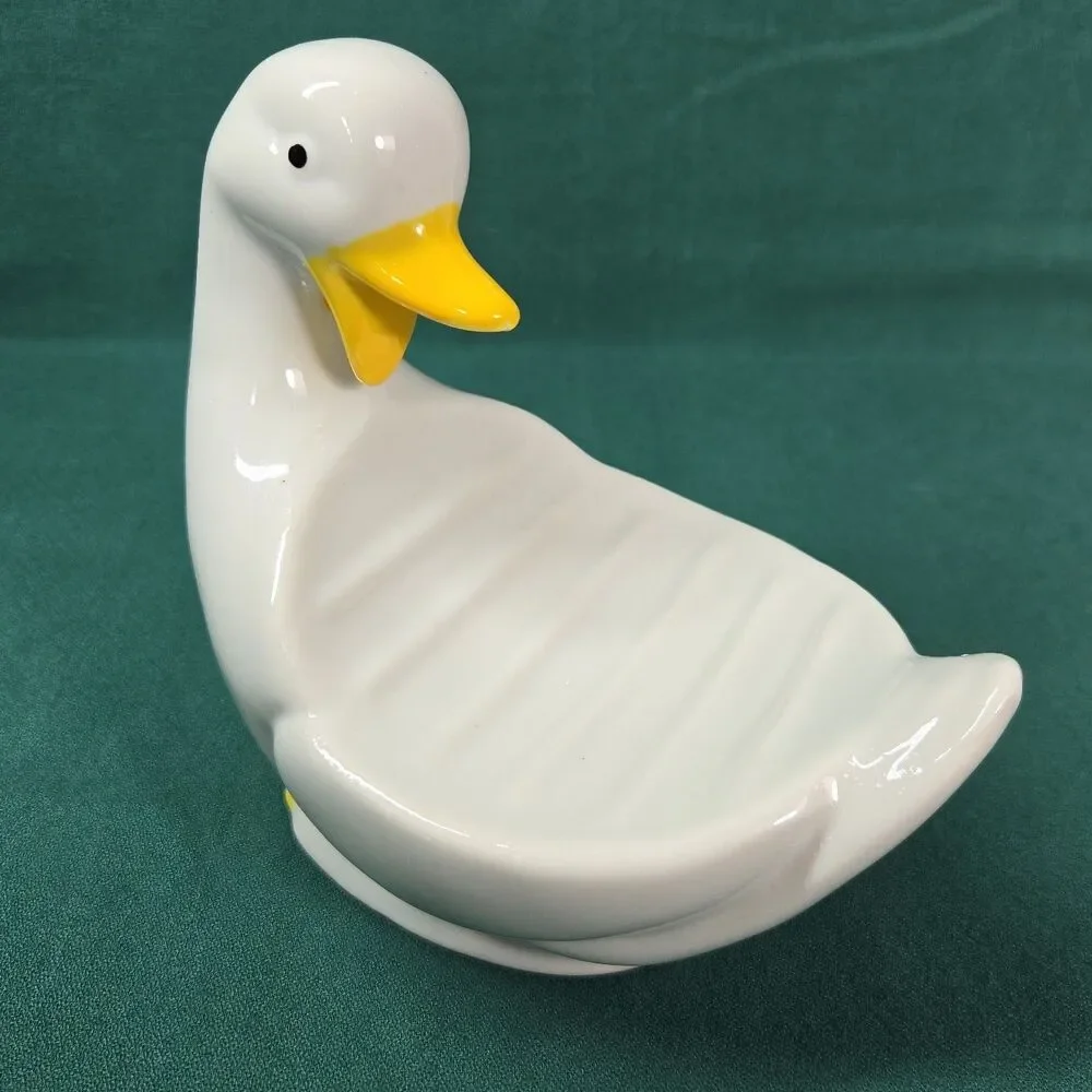 Vintage Goose Duck Soap Dish White & Yellow Ceramic Cottagecore Grandmacore